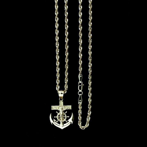 10K Real Gold Rope Chain and Anchor Cross Pendant Set - Picture 1 of 7